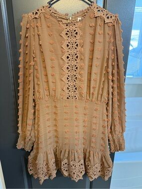 Just Me Boho Crochet Lace Swiss Dot Mini Dress – Medium